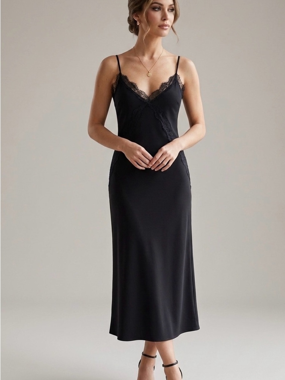 MNG black solid lace insert detail line slip midi dress size‎ 2
